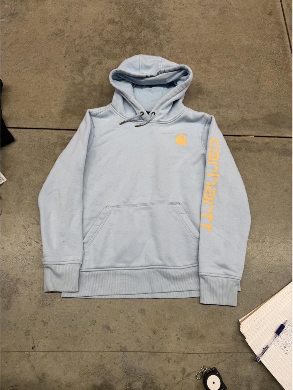 vintage carhartt baby blue small logo heavyweight hoodie size medium WOMENS
